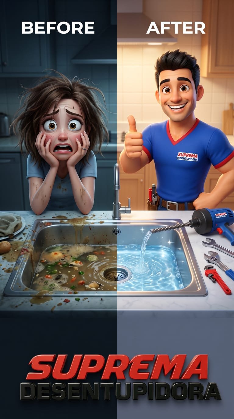 Antes e depois de desentupimento de pia de cozinha: de um lado a pia cheia de água suja e restos de comida, do outro a água escoando limpa após o serviço da Suprema Desentupidora