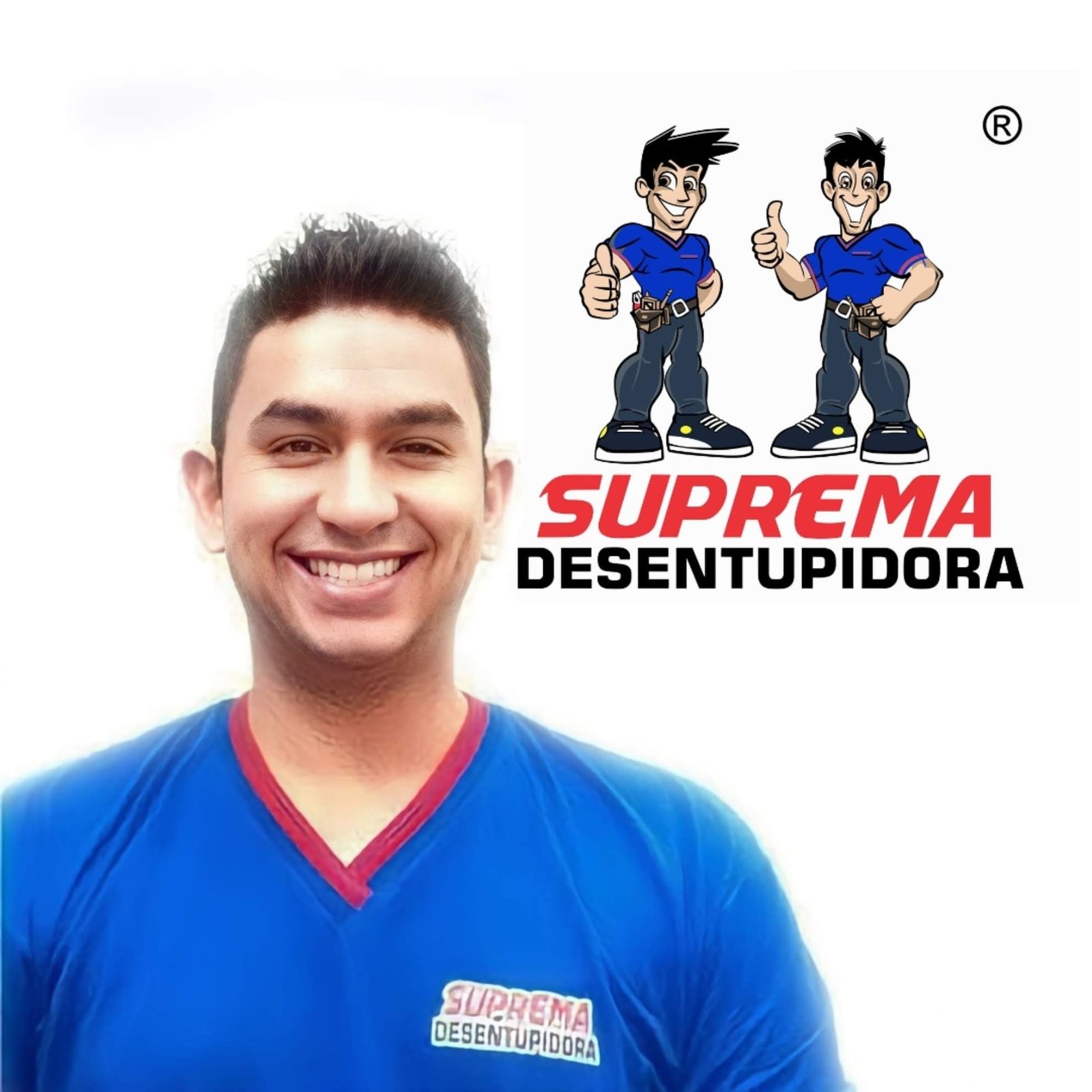 Logo da Suprema Desentupidora com o fundador uniformizado