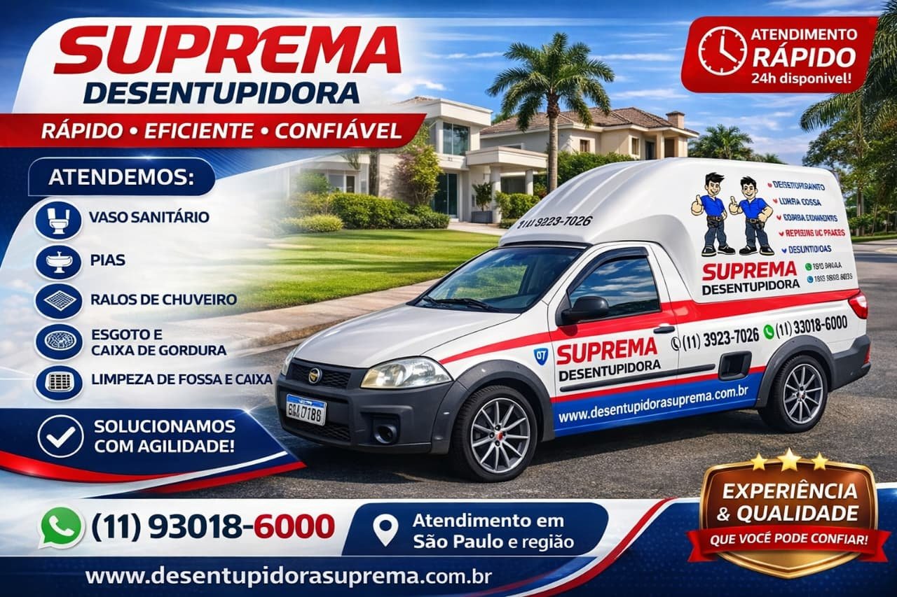 Van identificada da Suprema Desentupidora com a lista de serviços: vaso sanitário, pias, ralos de chuveiro, esgoto, caixa de gordura e limpeza de fossa, com atendimento em São Paulo e região